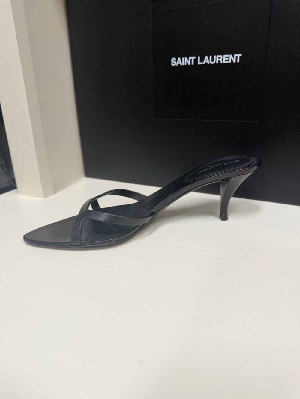 Saint Laurent Black Pointed Slide Heels with Double Strap - Picture 5 of 9